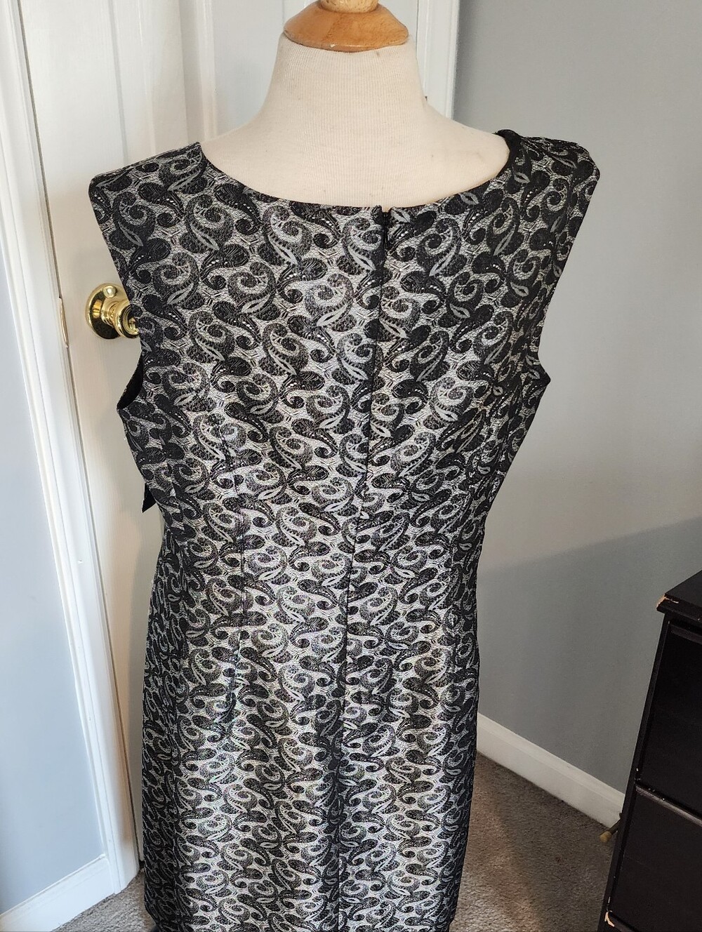 Evan Picone Black and Silver Jacquard Sheath Dress